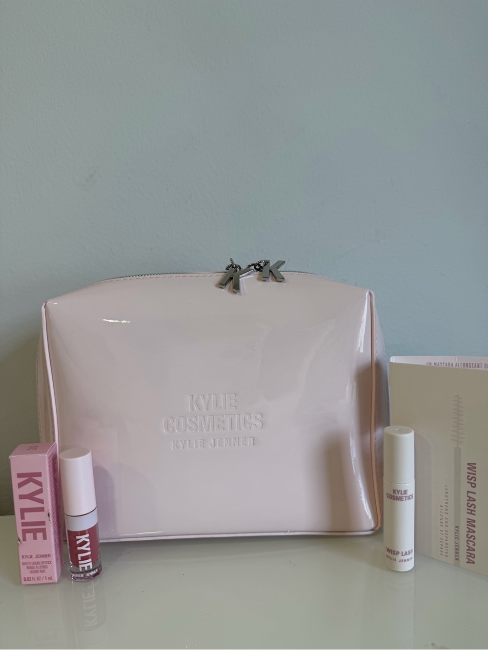 Kylie Cosmetics Light Pink Patent Makeup Pouch with Liquid Lipstick & Mascara
